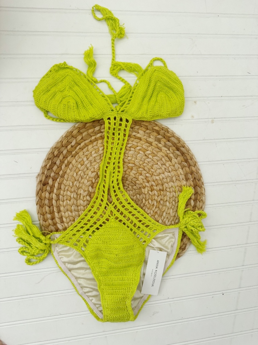 Anna Kosturova Crochet Lattice Monokini Chartreuse NWT L - Picture 4 of 8